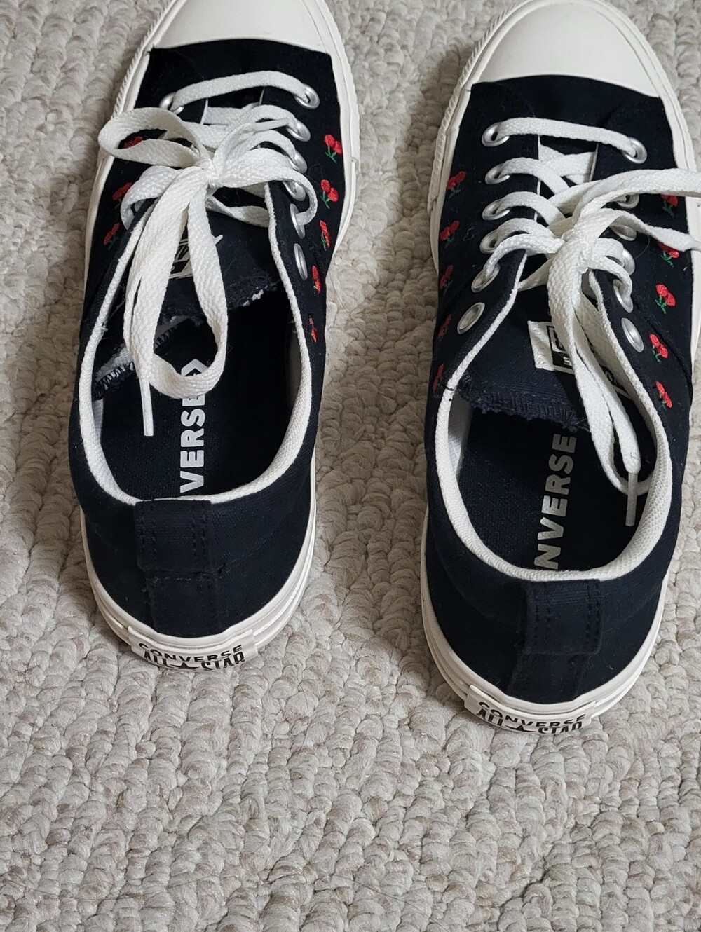 Converse Low Top Black Canvas Sneakers with Red Cherry Embroidery